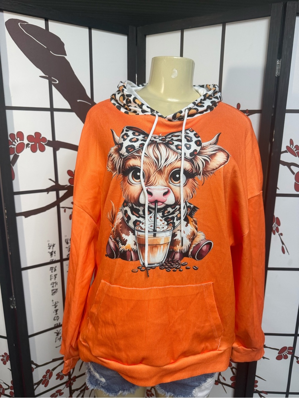 Orange Graphic Hoodie with Cute Cow and Leopard Trim